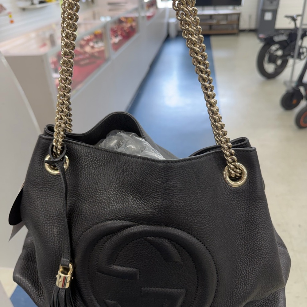 Black Leather Shoulder Bag with Gold Chain Handles